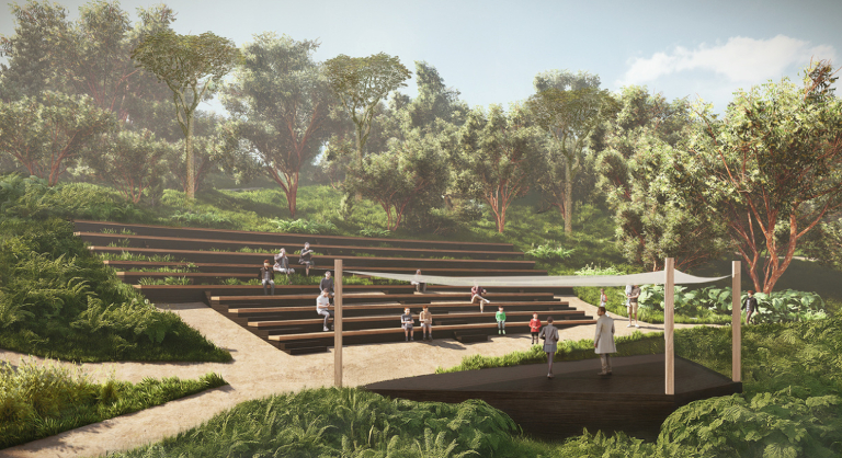 Architectural rendering of an outdoor amphitheatre surrounded by vegetation, Biopark project in Frutillar